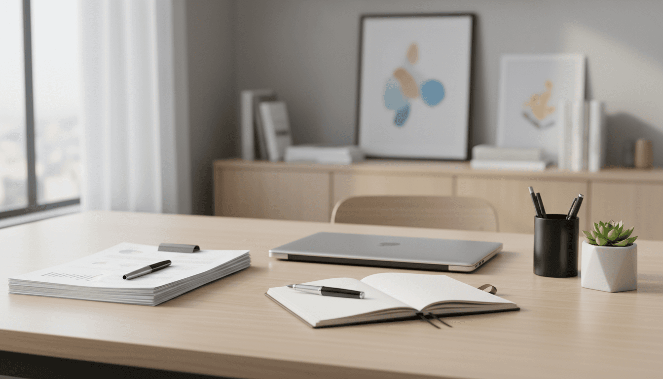 Calm professional office desk with documents and a pen, natural light, clean and organized
