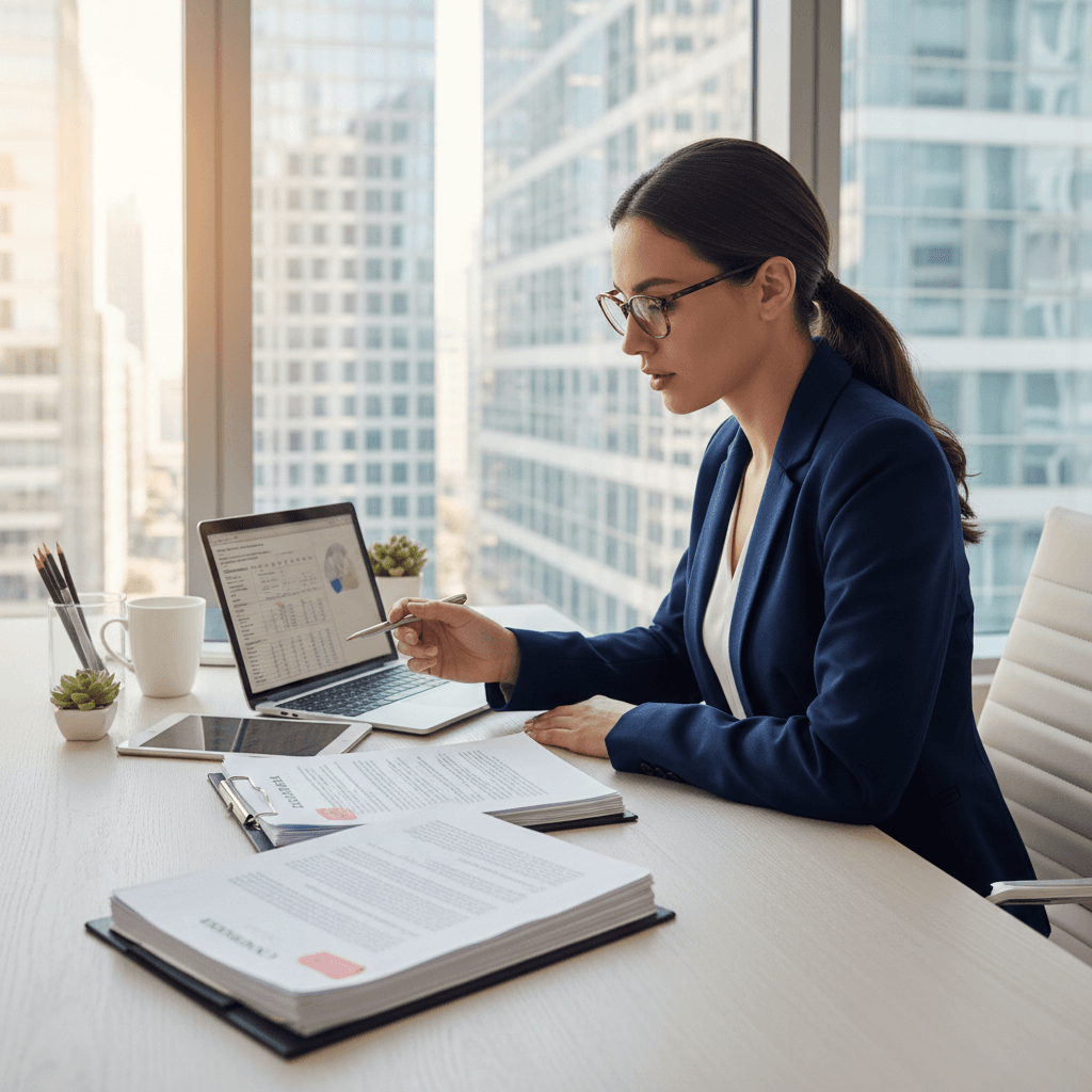 Professional consultant reviewing legal documents at bright office desk
