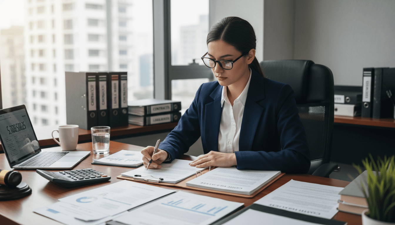 Professional reviewing foreclosure surplus documents at a desk