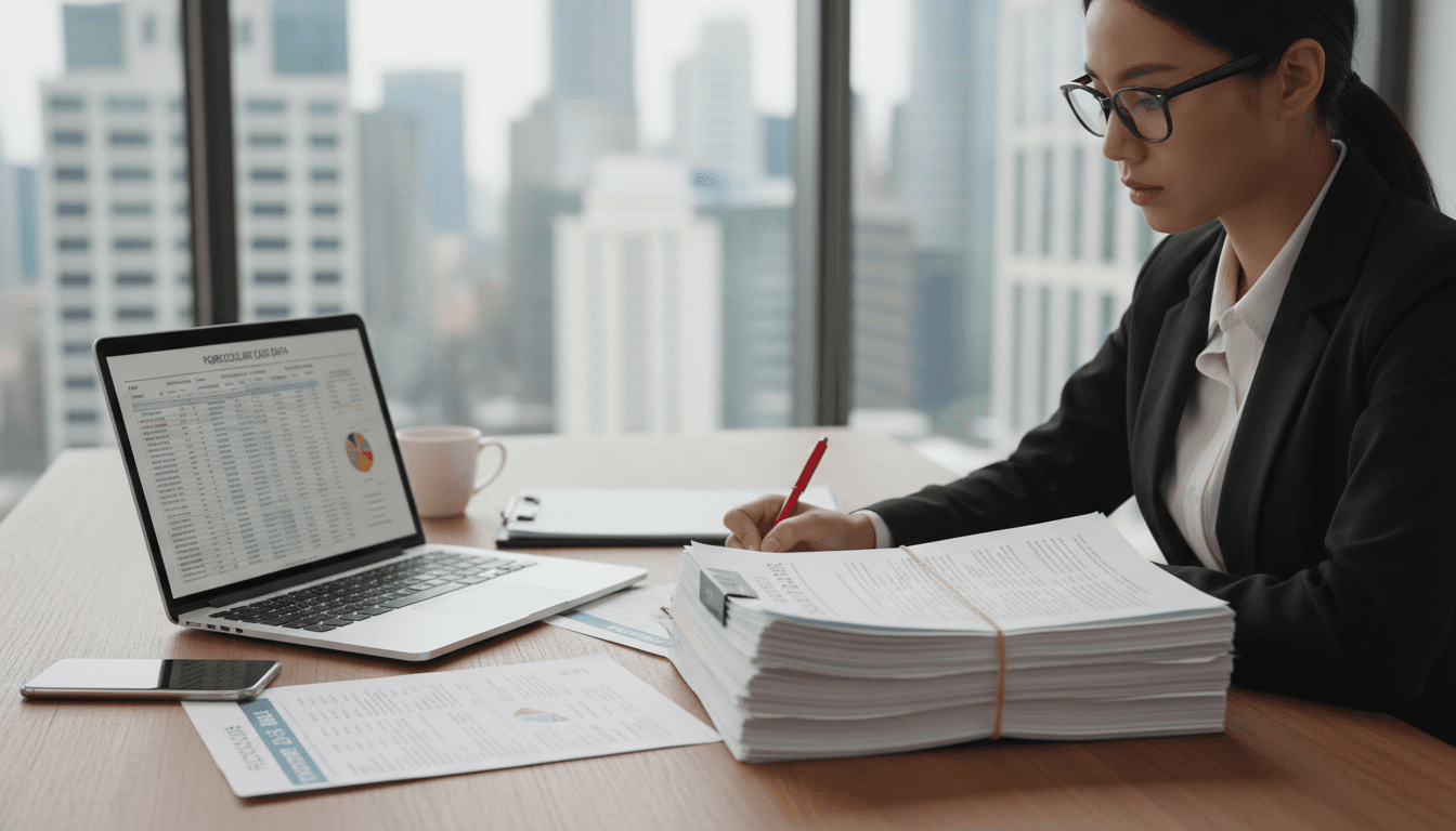 Professional reviewing foreclosure documents at a desk with a laptop and paperwork