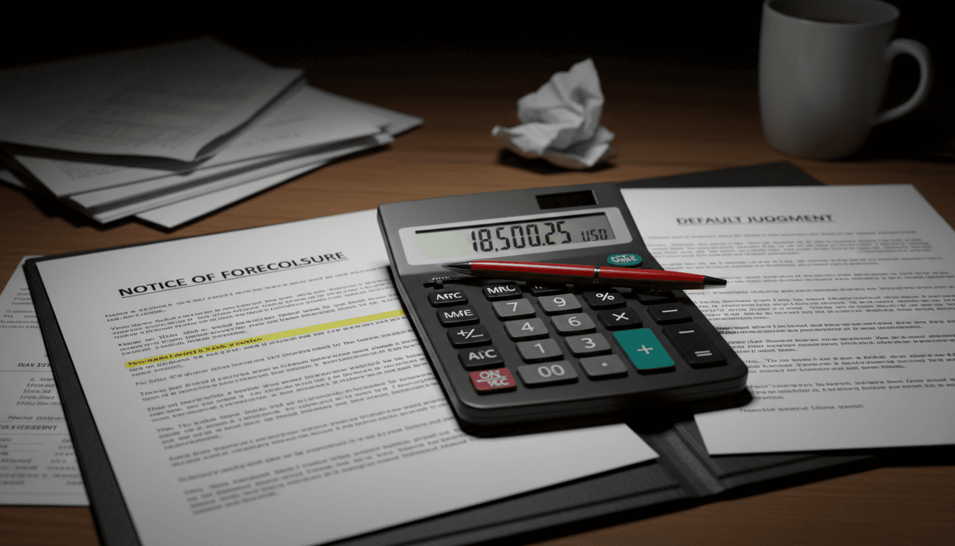 Foreclosure documents and calculator on a desk