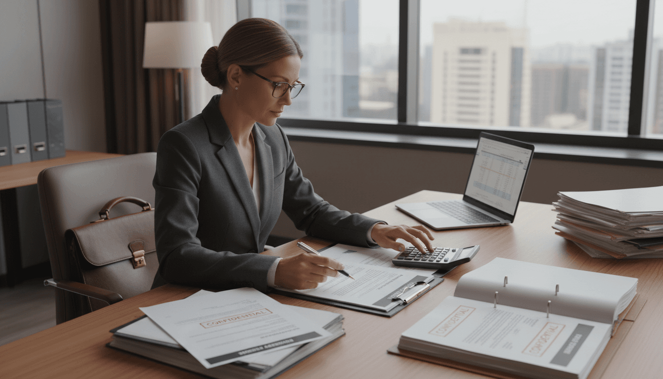 Professional consultant reviewing foreclosure documents at a desk