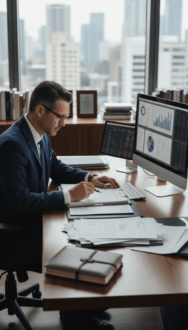 Professional consultant reviewing foreclosure documents at a desk