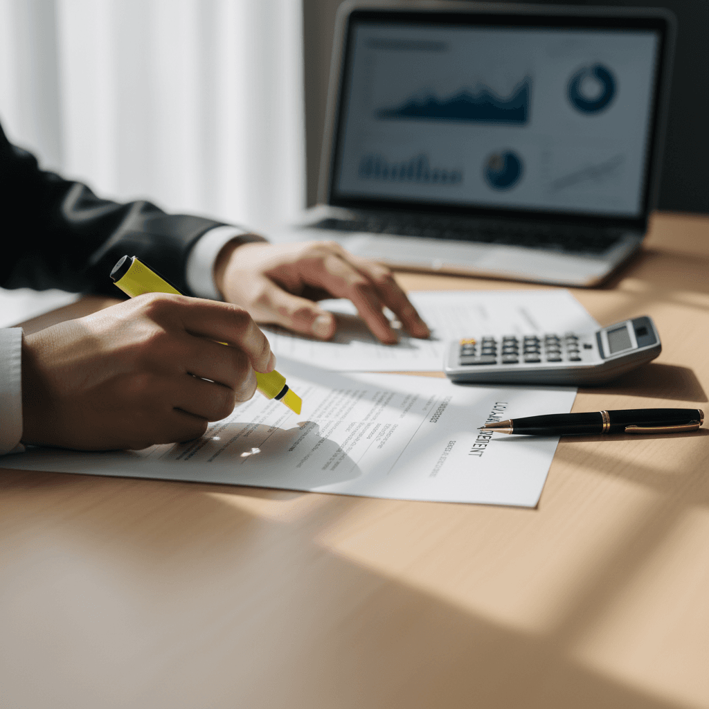 Professional consultant reviewing foreclosure documents at a neat desk with a laptop and financial paperwork