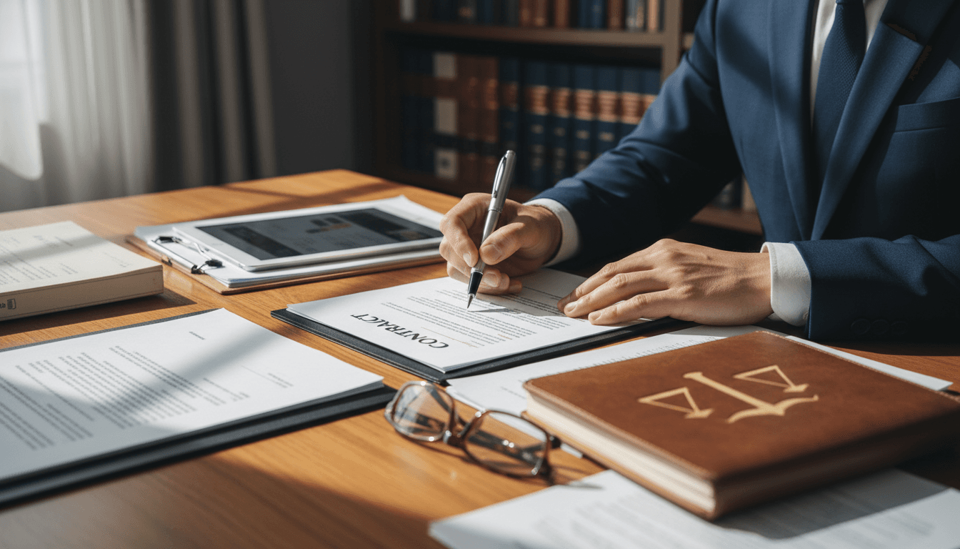 Professional reviewing legal documents at a desk with a laptop and files