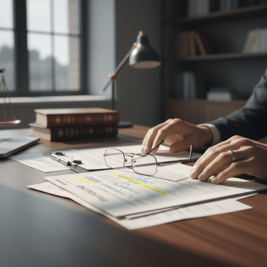 Professional reviewing legal financial documents at a desk with a calculator